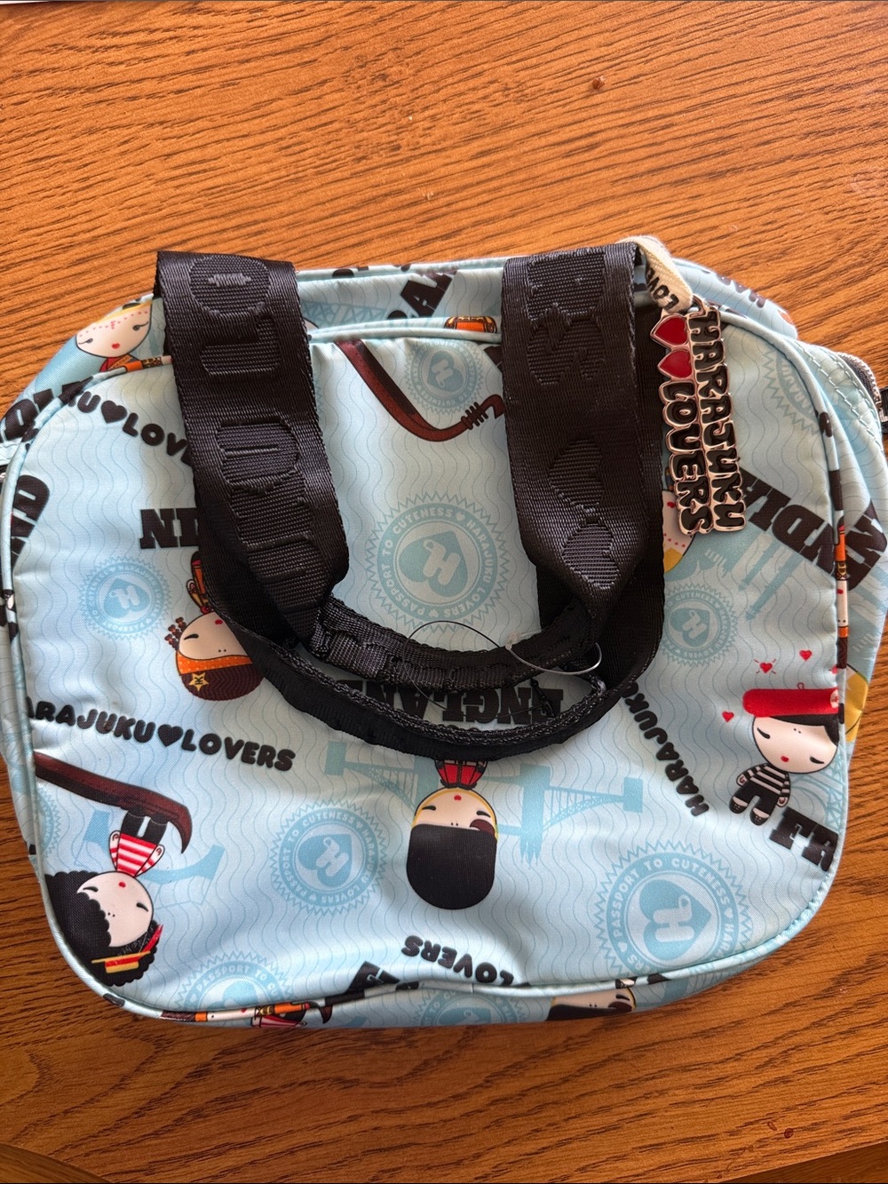 Harajuku Lovers Light Blue Character Zip Tote with Black Handles